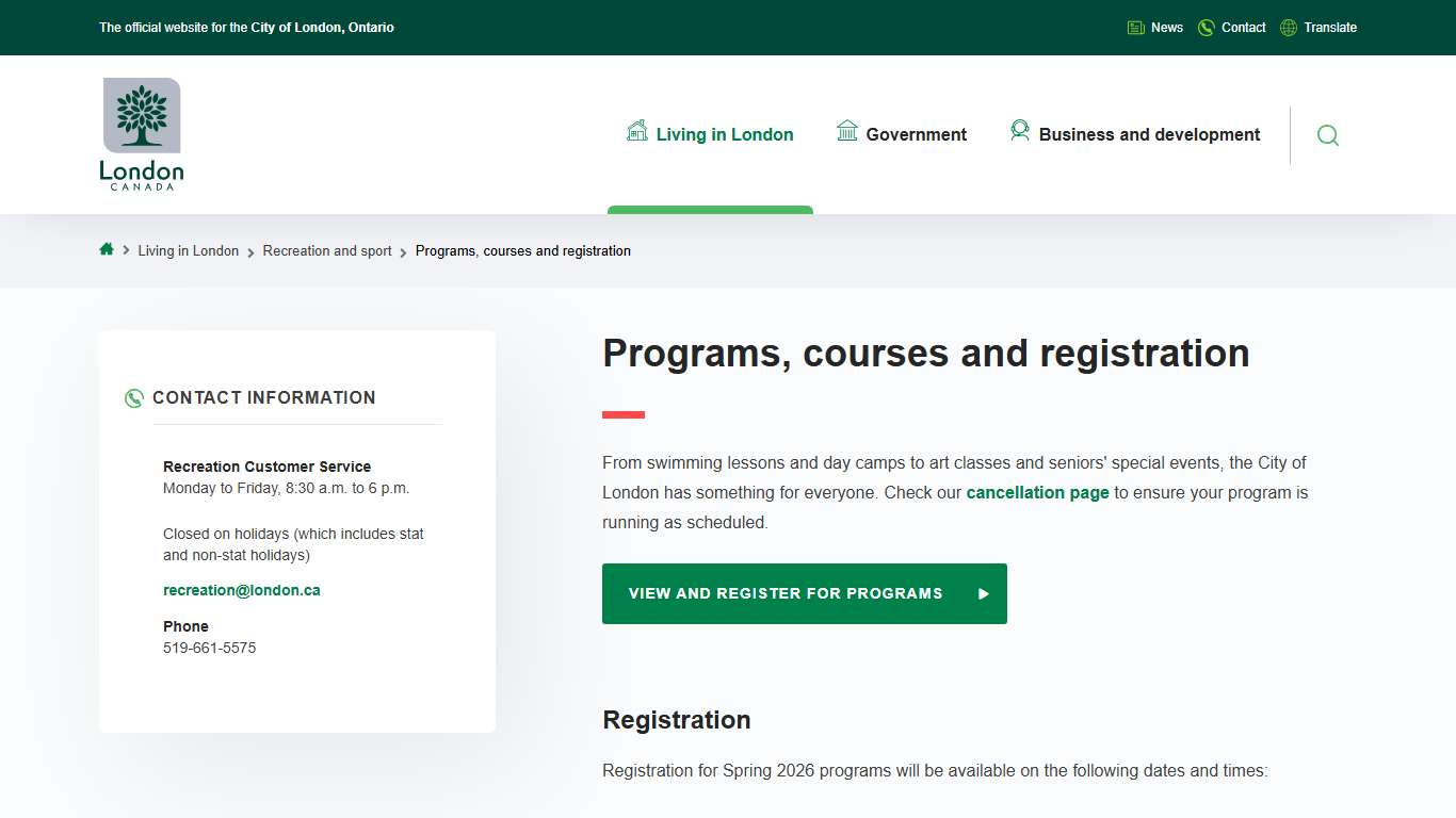 Programs, courses and registration | City of London